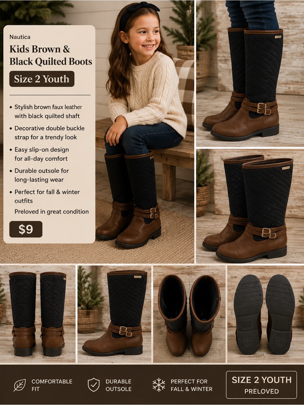 Nautica Kids Brown and Black Quilted Boots Preloved Size 2 Youth